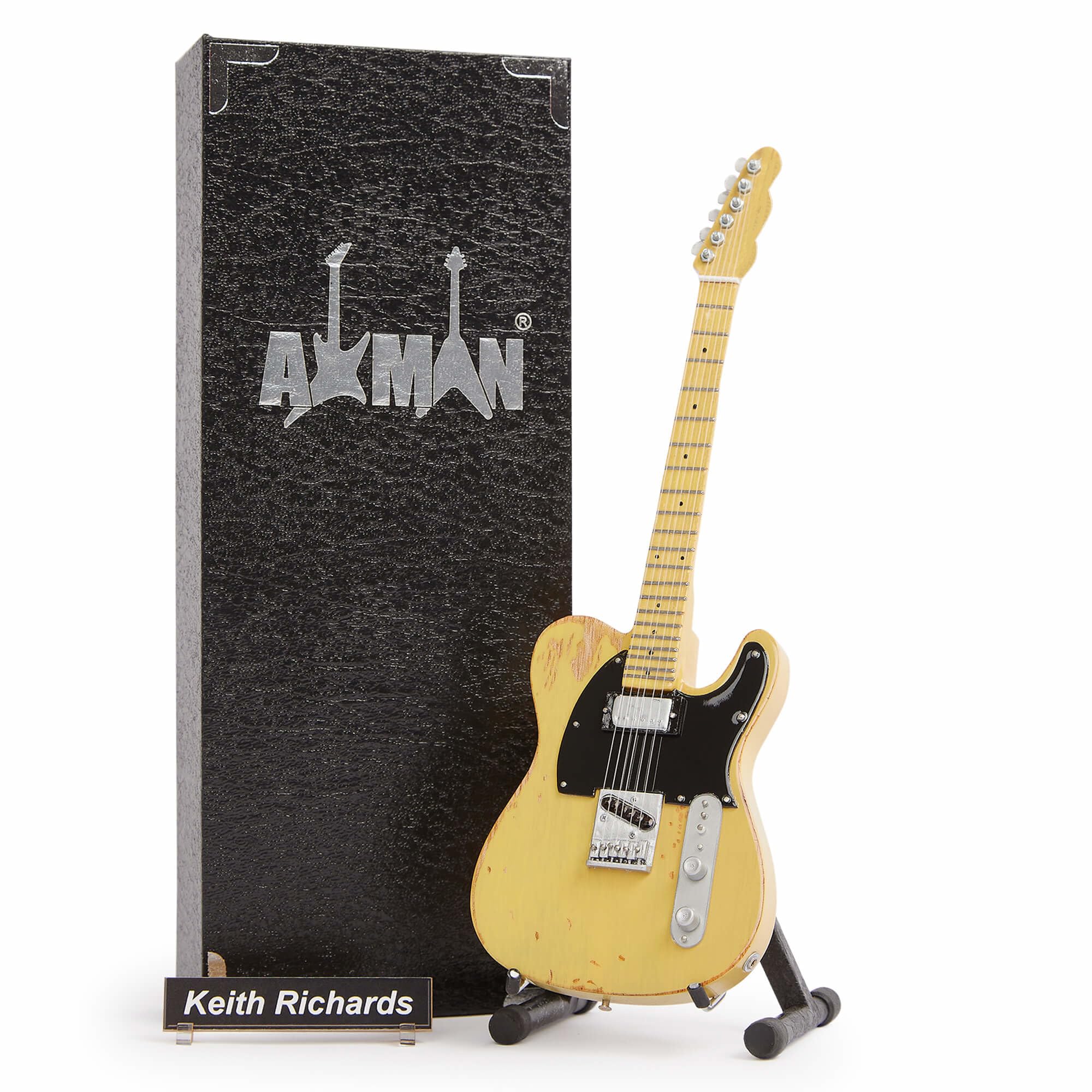 Axman, Keith Richards 1953 ‘Micawber’, Miniature Guitar Replica, Music Gift, Handmade Ornamental 1/4 Scale, Display Box, Name Tag and Miniature Guitar Stand, gift for music lovers — image 1