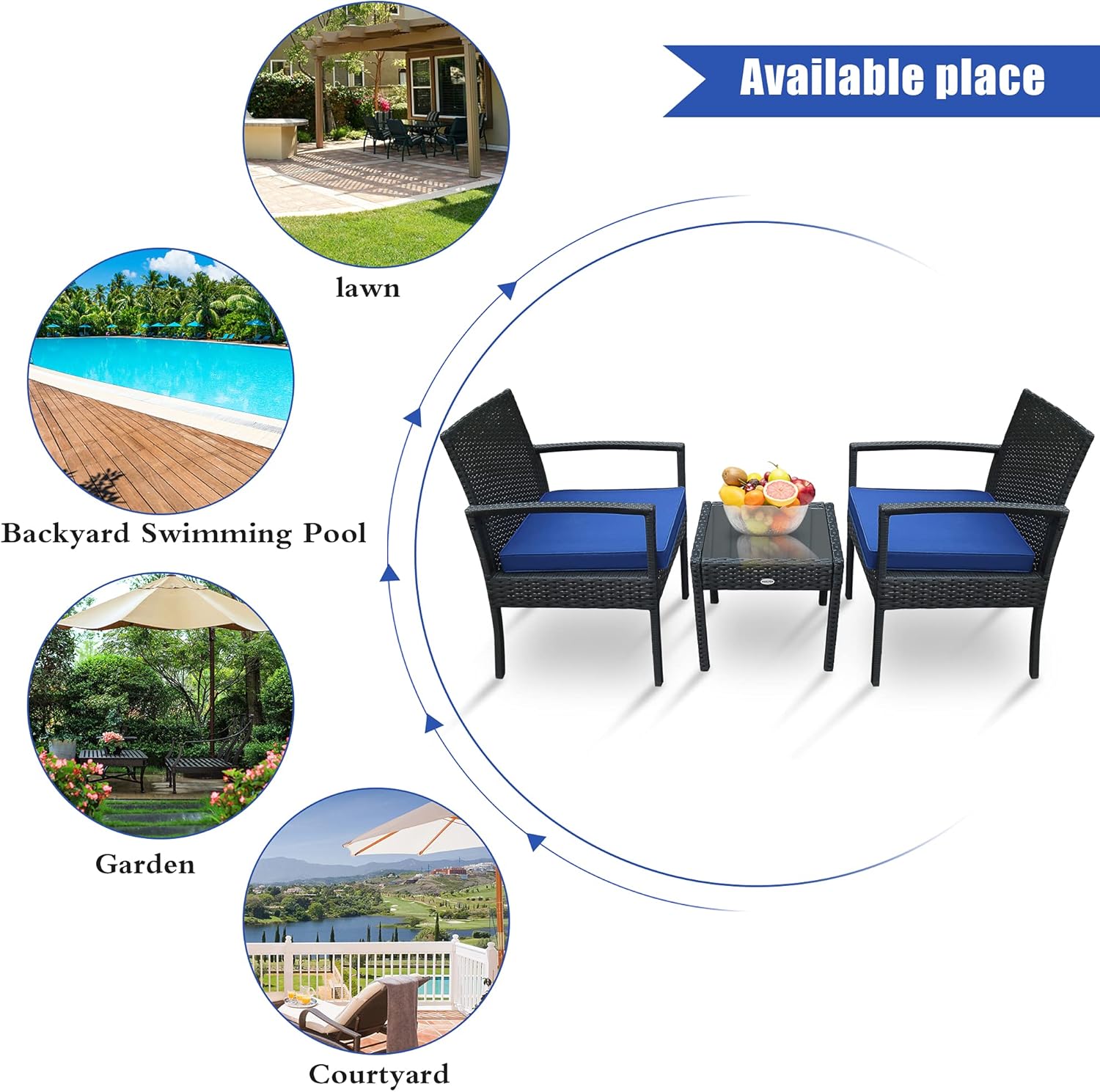 PAOLFOX 3 Pieces Patio Rattan Furniture Set,Outdoor Conversation Set w/Weather Resistant Cushions Tempered Glass Tabletop for Garden, Lawn Pool, Backyard, Poolside (Blue): Garden & Outdoor