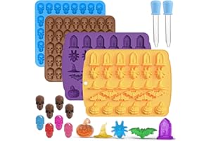 DROPOWER Halloween Silicone Gummy Molds 4 Pack Skull Candy Chocolate Mold Pumpkin Bat Spider Various Halloween Theme Molds for Jello, Sugar, Ice Cubes, Dog Treats with 2Pcs Droppers (140 Cavities)