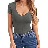 CLOZOZ Short Sleeve Long Sleeve Tops for Women Sexy Womens V Neck T Shirts Fitted Shirts Tight Basic Tee