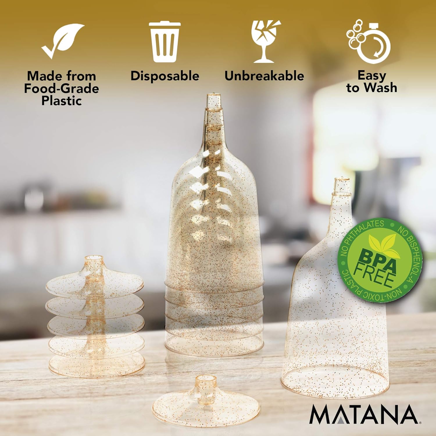 MATANA 50 Premium Plastic Wine Glasses with Gold Glitter (180ml), Reusable Hard Plastic Wine Cups for Cocktails Dessert - Image 3