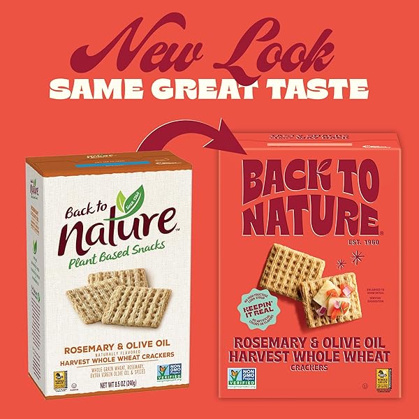 BACK TO NATURE ROSEMARY & OLIVE OIL HARVEST WHOLE WHEAT CRACKERS, NON-GMO, PLANT-BASED SNACK, MADE WITH WHOLE GRAIN WHEAT & SEA SALT, 7 OZ BOX