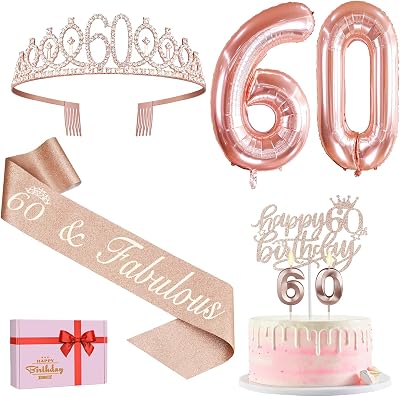 Amosking 60th Birthday Decorations Rose Gold Sash Tiara Cake Topper Balloons Set