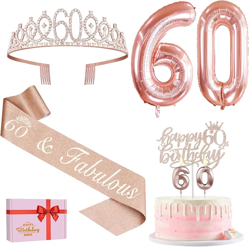 Amosking 60th Birthday Decorations Rose Gold Sash Tiara Cake Topper Balloons Set