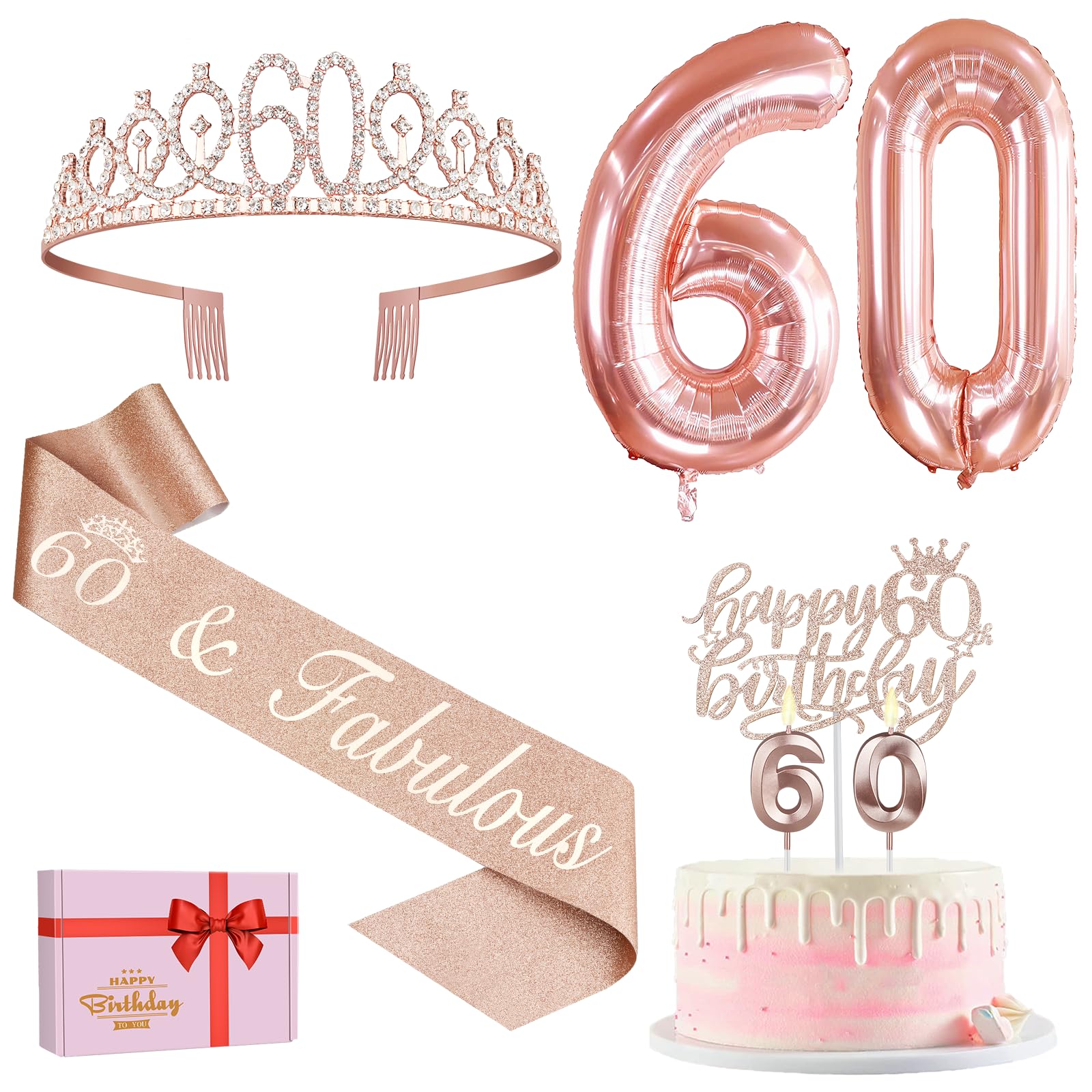 60th Birthday Decorations for Women, Including 60th Birthday Sash and Tiara, Cake Topper and Candles, Rose Gold Number Balloons, 60 Year Old Gifts for Women
