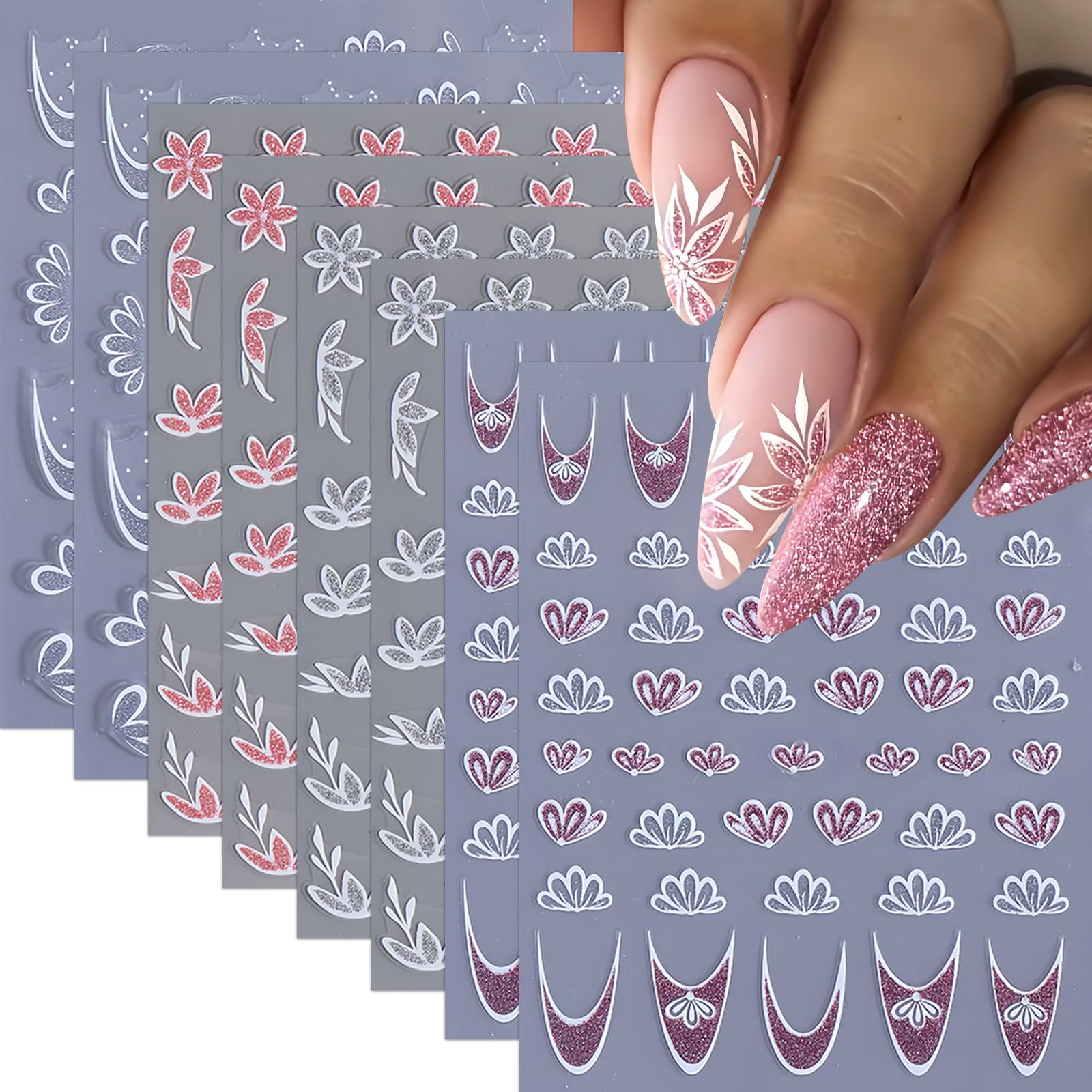 8 Sheets Pink Glitter Flower French Tip Nail