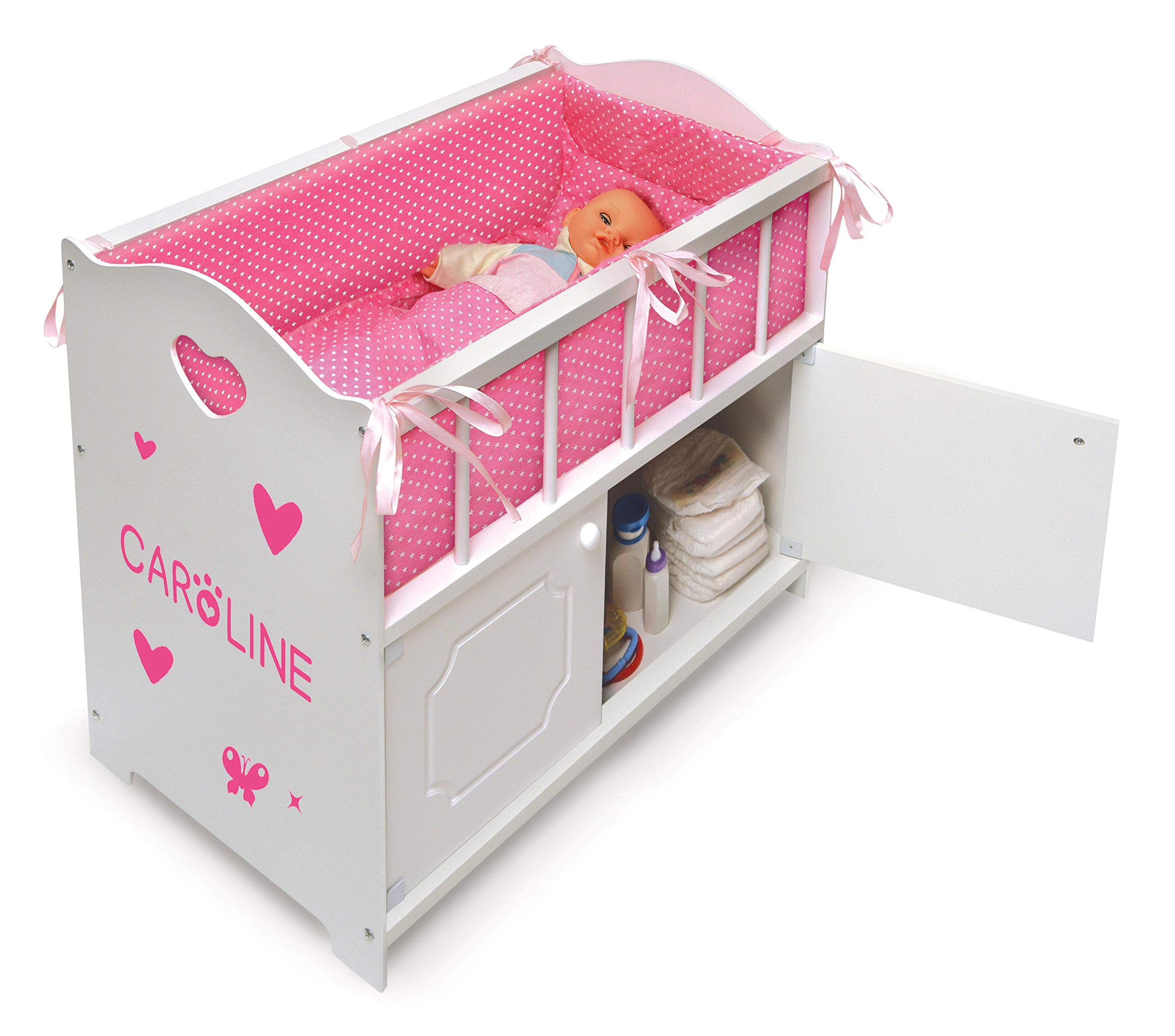 Badger Basket Wooden Baby Doll Crib with Bedding and Storage - Wooden Bed with Blanket, Pillow, and Personalization Kit - Ideal for Baby Dolls and Girl Dolls Ages 3+ - White