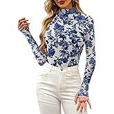 BemorRun Floral Mesh Top for Women Mock Neck Long Sleeve Floral Shirts Double Layered Going Out Tops Fall Outfits