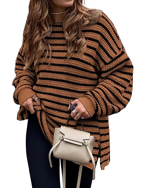 KIRUNDO Women's 2025 Fall Winter Oversized Long Sleeve Striped Sweater Casual Crewneck Side Split Pullover Knit Tops(Brown, Small)