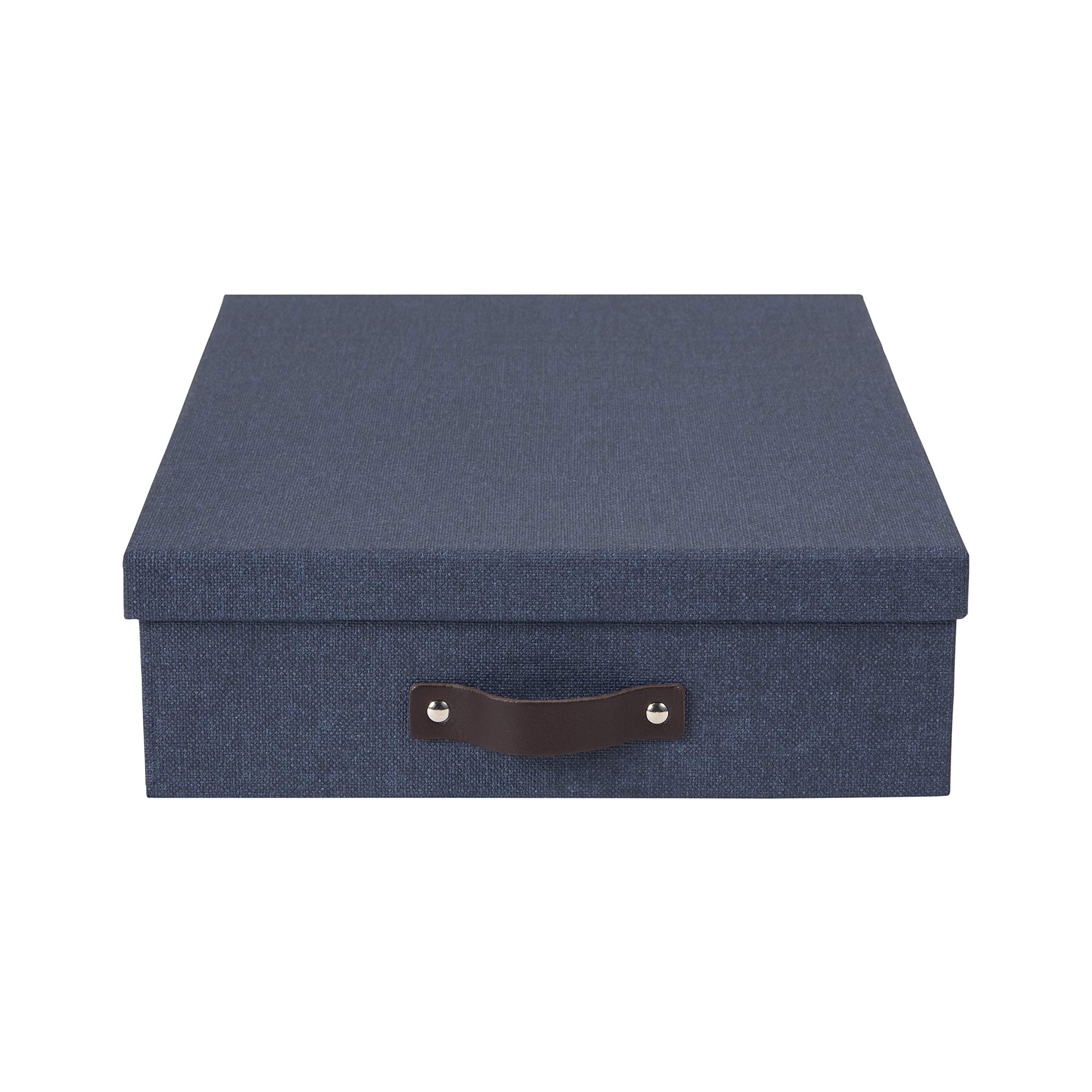 Bigso Box of Sweden Document Box for A4 paper, Brochures and Notes - Box with Lid and Leather Handle - Fibreboard and Paper Box Storage with Lid - Blue