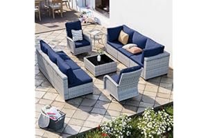 Sweecci 10-Piece Modern Patio Furniture Set with Swivel Chairs, Thick Cushions, Dual-Strand Wicker Rattan, Rust-Resistant Frame, Navy Blue
