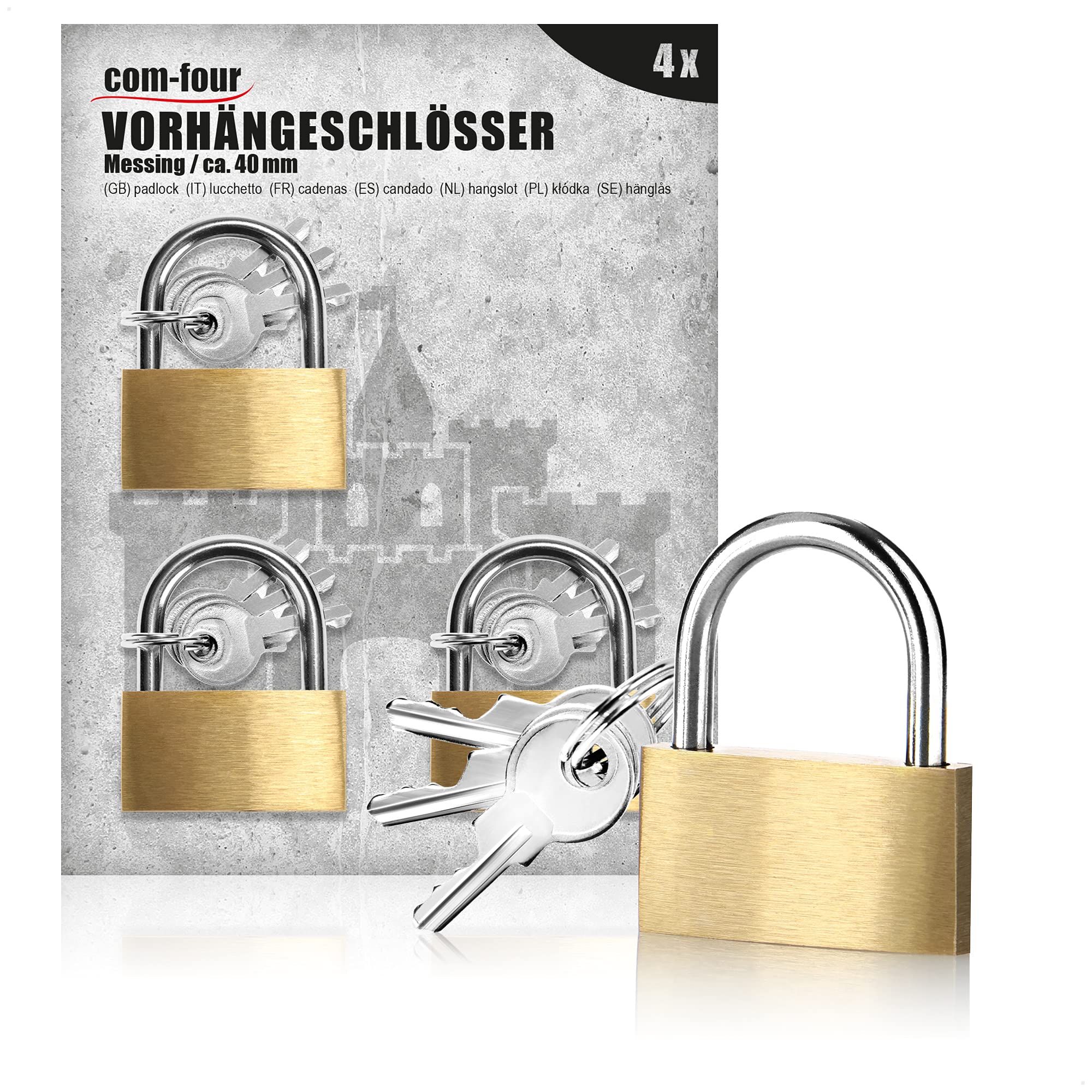 com-four® 4x Padlock made of brass - Padlock with 2 keys - Security lock for household, leisure, work