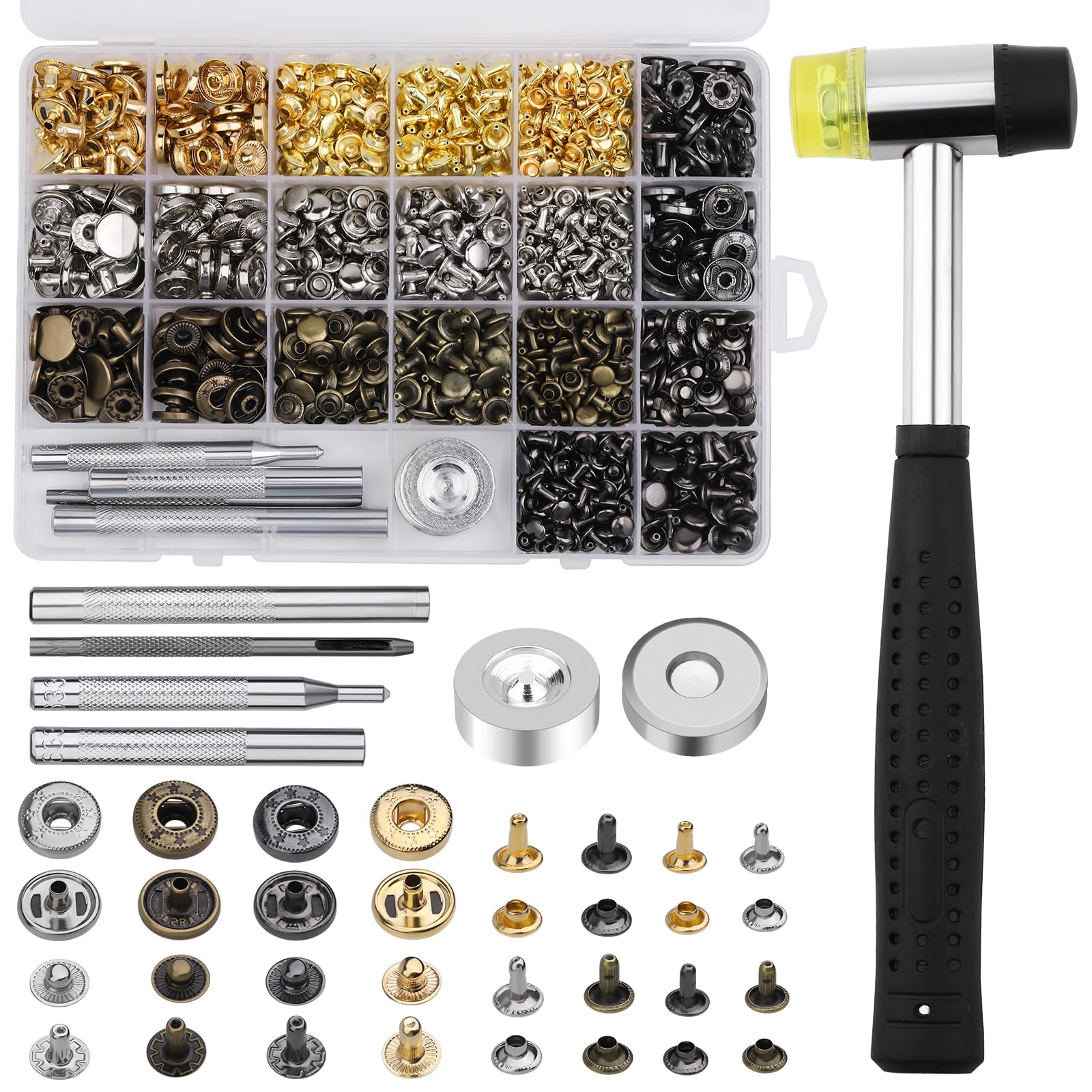 380 Sets Snap Fasteners, Leather Rivets, Press Studs Snap Fasteners, Snap Button Fastener Kit with Double-Sided Nylon Hammer and 5 Pcs Installation Tools for Leather