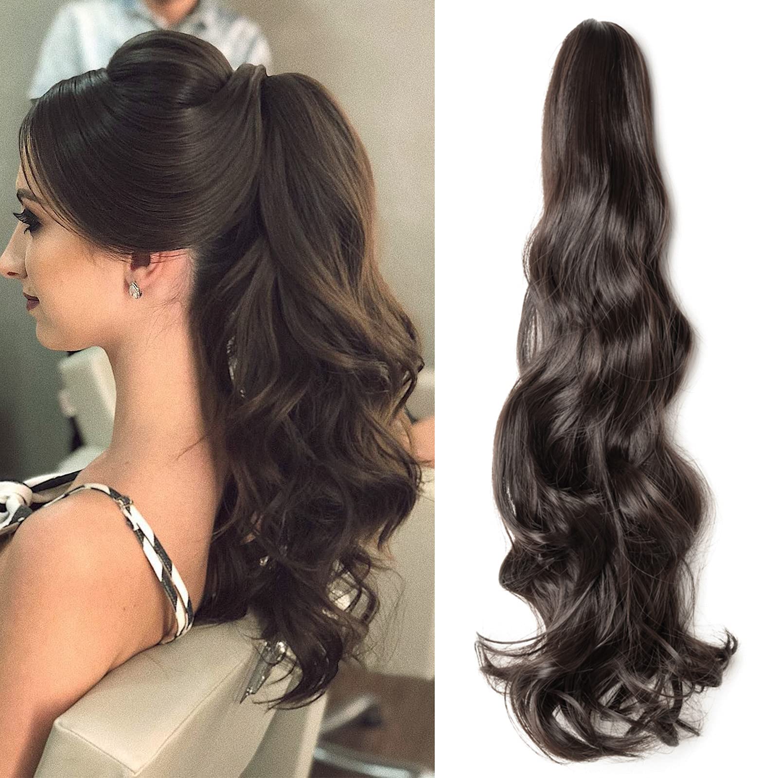 Silk-co Long Wavy Curly Claw on Ponytail Extensions Synthetic Clip in Hairpiece Pony Tail Extension[18 inch Dark Brown] Heat-Resisting