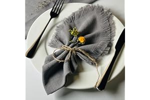 Dololoo Handmade Cloth Napkins with Fringe,18 x 18 Inches Cotton Linen Napkins Set of 4 Versatile Handmade Square Rustic Fringe Napkins for Dinner, Wedding and Parties, Gray