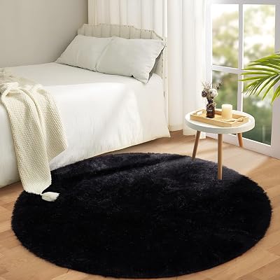 Aspire Homeware Round Rug 120x120cm Black Anti Slip Soft Thick Pile