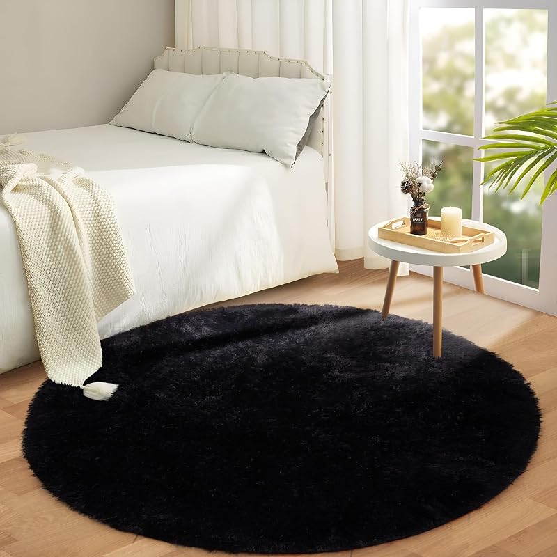 Aspire Homeware Round Rug 120x120cm Black Anti Slip Soft Thick Pile