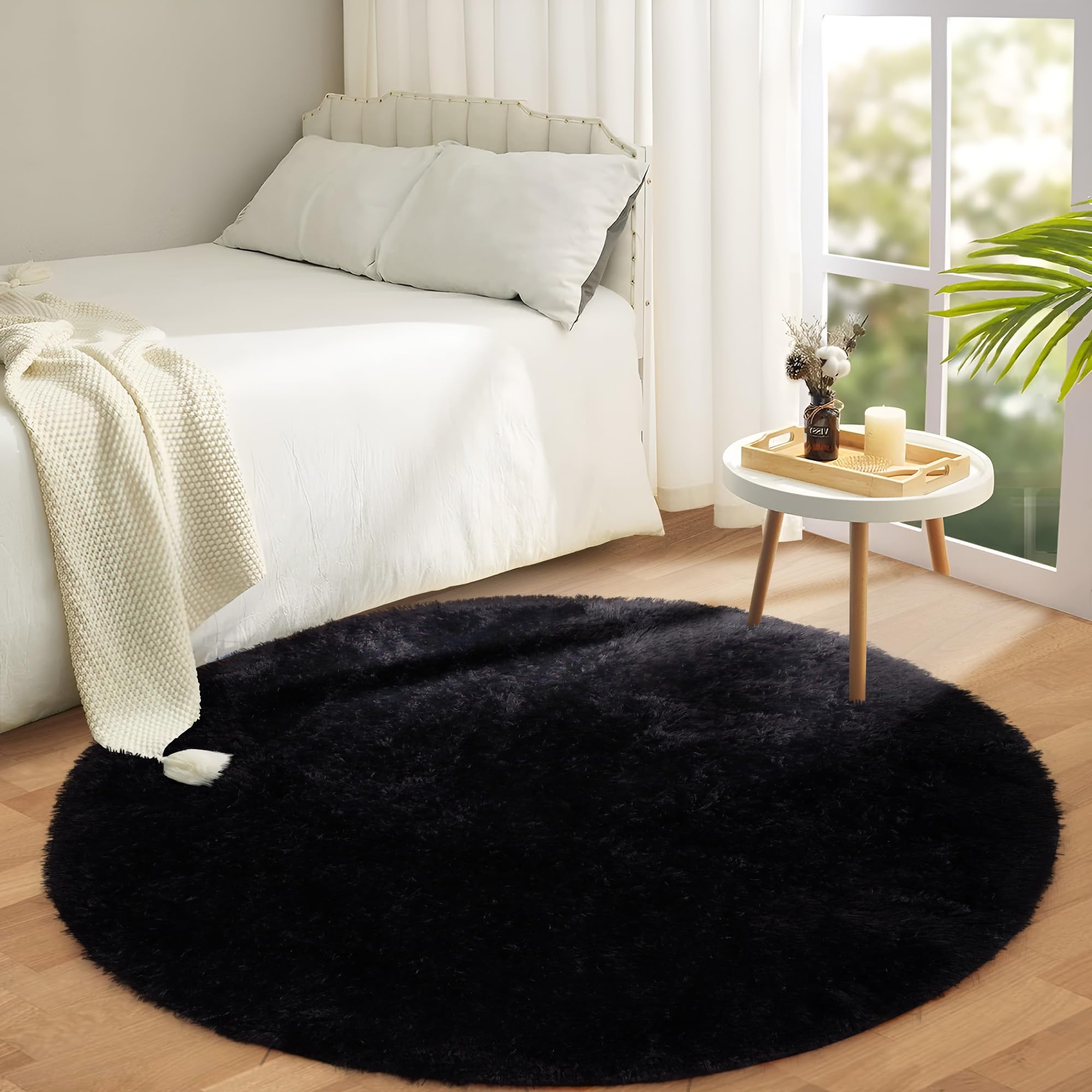Aspire Homeware Round Rugs Living Room - Black Area Rugs 120x120cm for Bedroom Anti Slip - Modern Super Soft Thick Pile Small Fluffy Shaggy Rug Non Shedding — image 1