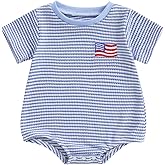 Lenjindjer Newborn Baby Boy Independence Day Outfit Flag Embroidery Waffle Striped Short Sleeve Bubble Romper Summer Bodysuit