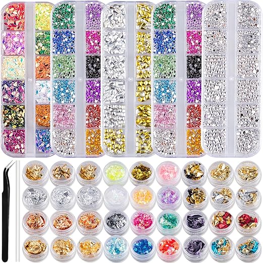 5 Boxes Nail Art Rhinestones Kit with 36 Pots Foils Flakes, Nail Crystal Gem Studs
