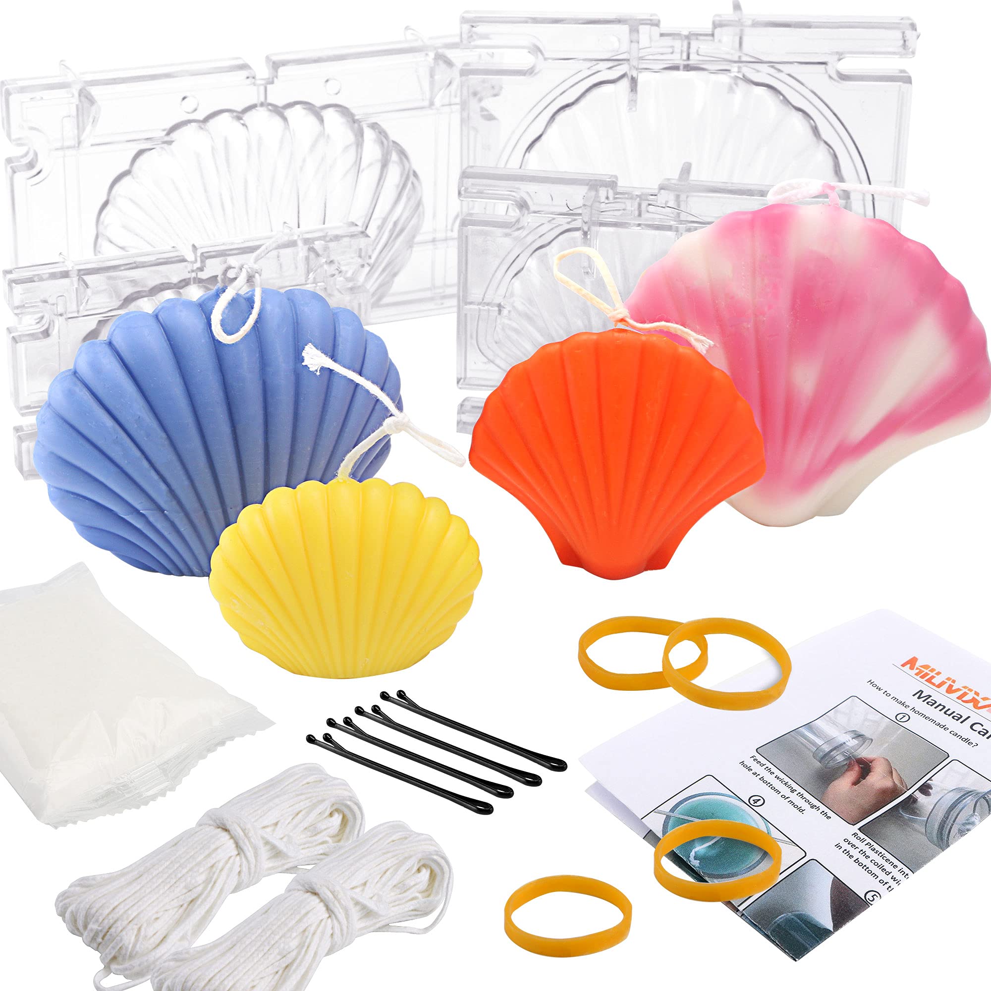MILIVIXAY 4pcs Scallop Candle Molds- Seashell Shell Mold- Soap Mold-Beach Wedding Decor-60 Ft. of Wick, a Mold Sealer and 4pcs Wick Clip Included as a Gift.