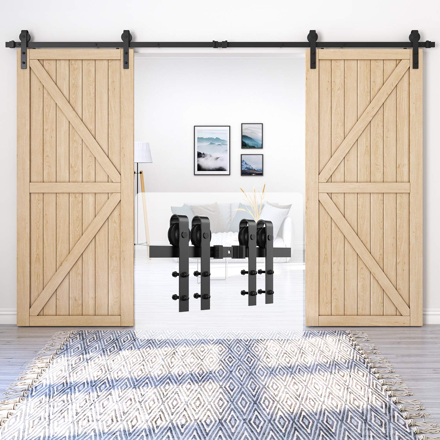 Homlux 13ft Heavy Duty Sturdy Sliding Barn Door Hardware Kit Double Door - Smoothly and Quietly - Simple and Easy to Install - Fit 1 3/8-1 3/4" Thickness Door Panel(Black)(J Shape Hangers)