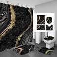 Gibelle Luxury Marble Shower Curtain Set - Emerald Green With Gold, Includes Mat, Rug & Toilet Cover