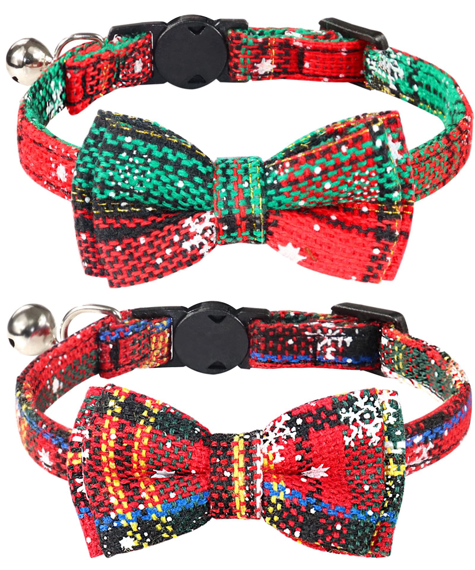 Joytale 2pack Christmas Cat Collar with Bow Tie & Bell, Adjustable Cat Collar Breakaway Collars for Cats