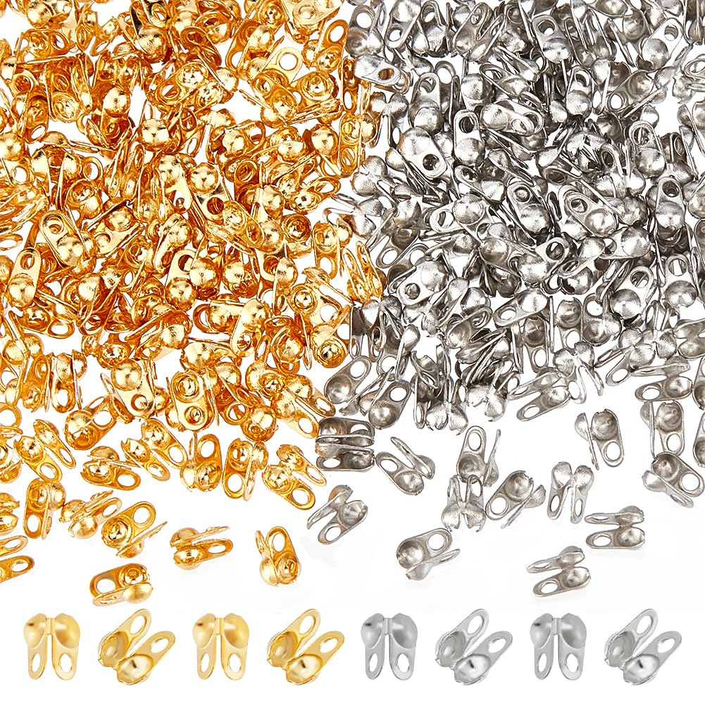 UNICRAFTALE about 300pcs 2 Colors Bead Tips Stainless Steel Calotte Ends Open Clamshell Knot Covers Golden & Stainless Steel Color 1mm Small Hole End Caps for Knots & Crimp Findings Crafts 4x2mm