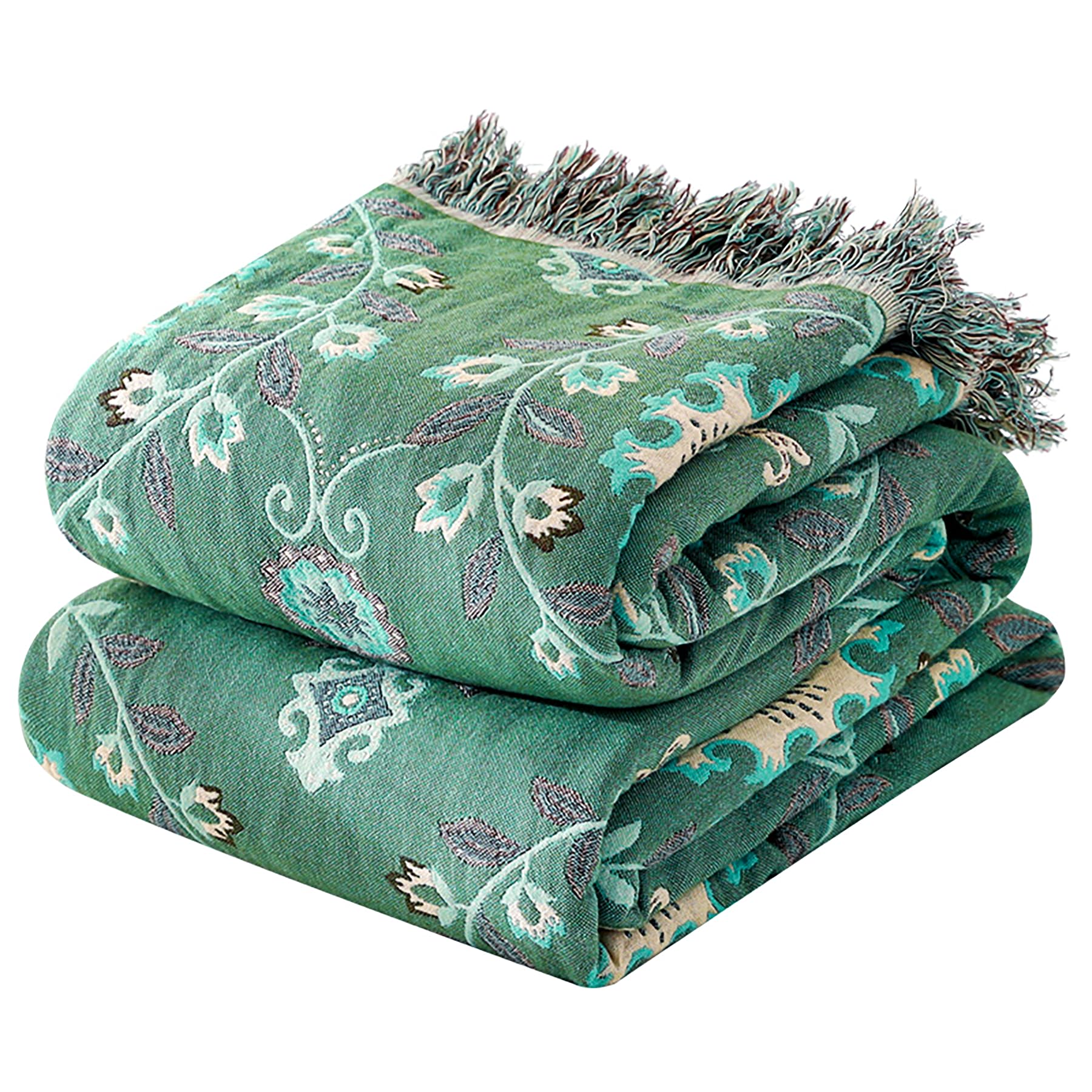 VANJOROY Sofa Large Bed Throw Blanket-150x200cm Green, 100% Cotton Double-sided Soft Warm Soft Armchair Green Floral Throw for 2 3 Seater Settees and Couch.