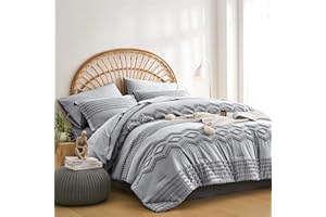 KAKIJUMN Grey Tufted Comforter Set King Size 7 Piece Bed in a Bag, Shabby Chic Boho Comforter and Sheet Set, Pom Pom Textured Bed Set, All Season Soft Microfiber Complete Bedding Set(Grey,King)