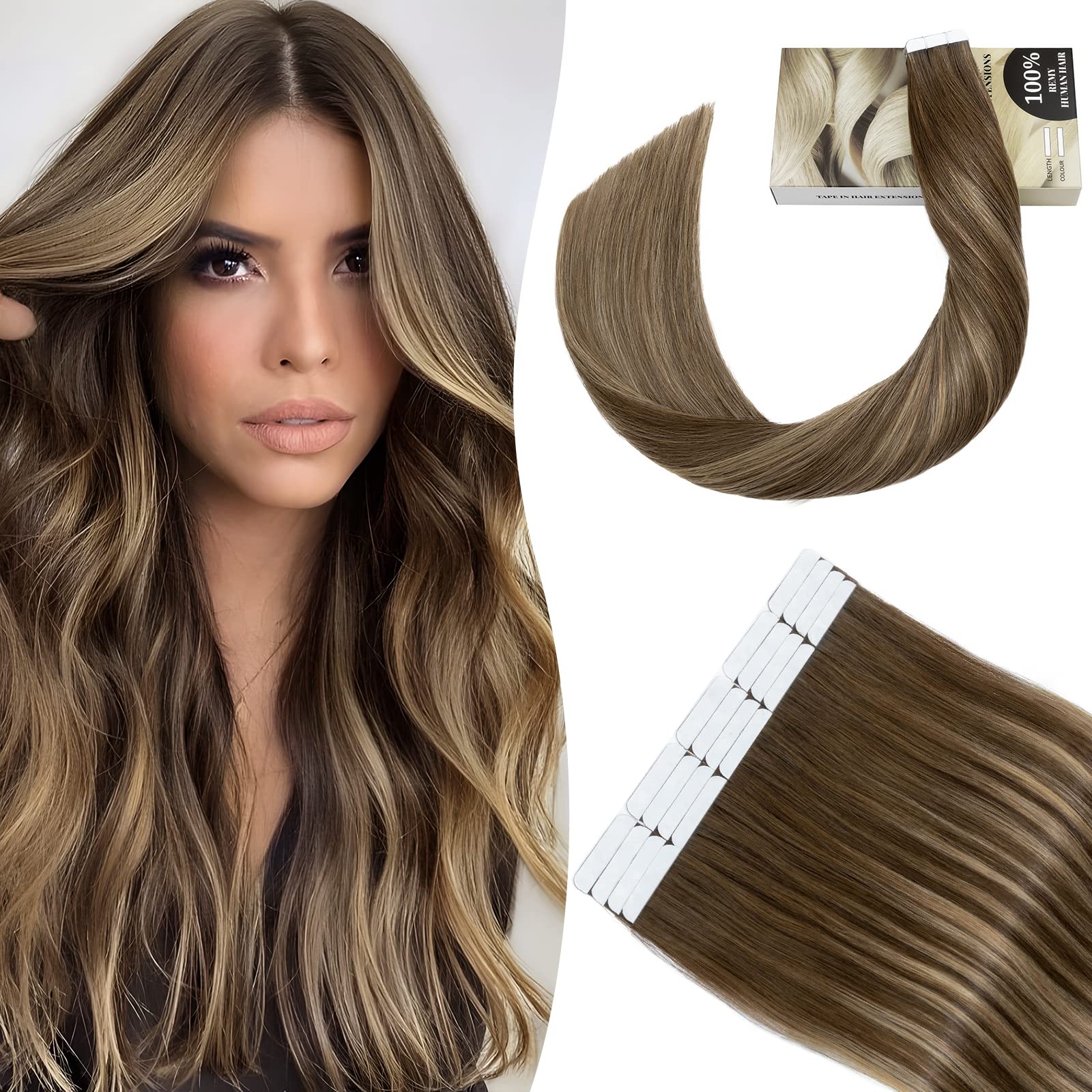 14 Inch SEGO Tape in Hair Extensions Real Human Hair 20PCS [#4T4P27 Chocolate Brown to Caramel Blonde] Remy Seamless Skin Weft Balayege Hairpieces Straight (40g) — image 1
