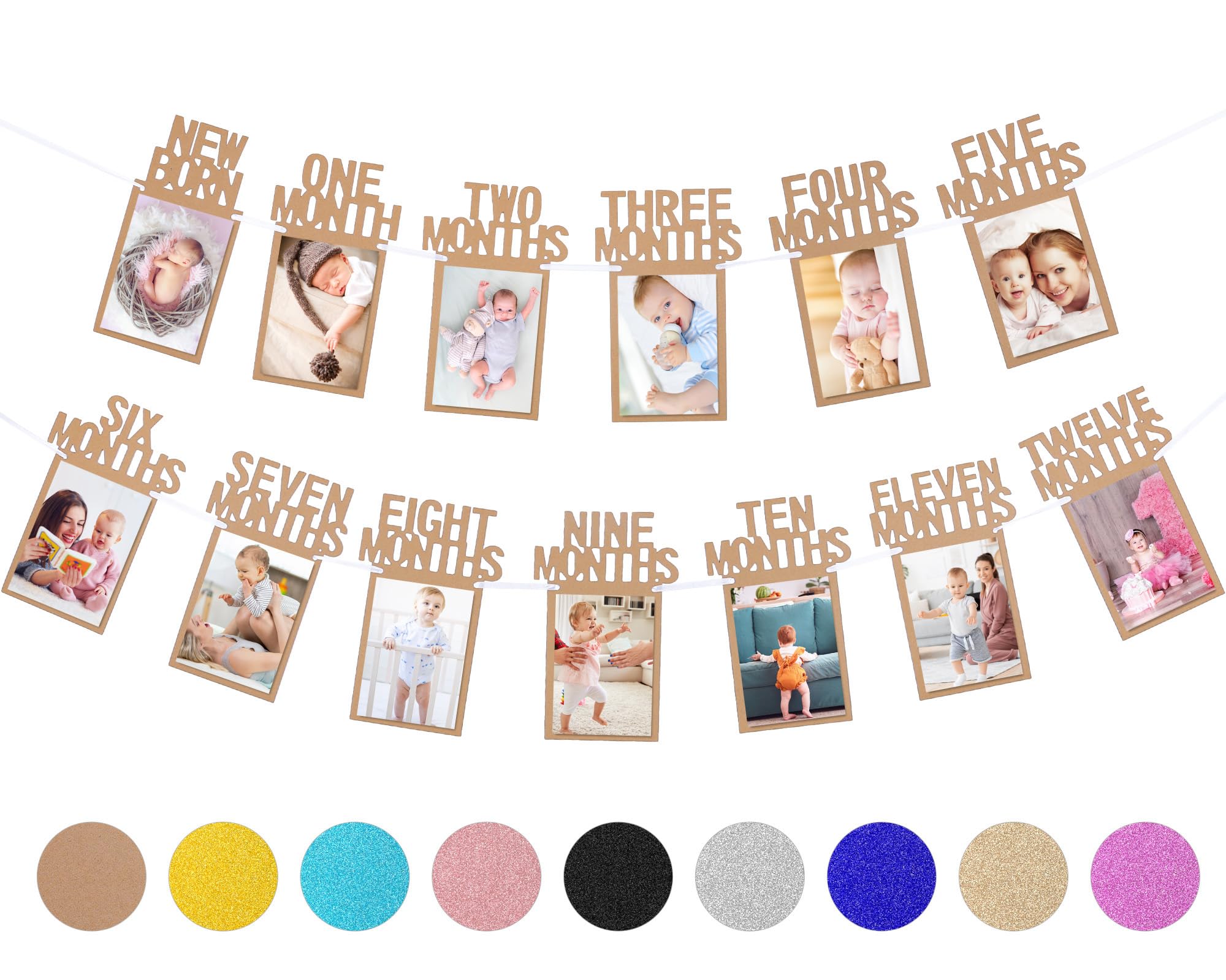 Whaline 1st Birthday Baby Photo Banner for Newborn to 12 months, Monthly Milestone Photograph Bunting Garland, First Birthday Celebration Decoration (Kraft)