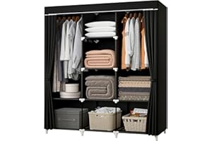 KEKIWE Portable Closet, 51 Inch Wardrobe Closet for Hanging Clothes with 2 Hanging Rods, 8 Storage Organizer Shelves for Bedroom, Durable and Easy to Assemble, Black