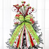 Liliful 23 Inch Large Red Green Christmas Tree Topper Bow Lime Green Tree Topper Glitter Sequins Ball Curly Whimsical Picks for Xmas Holiday Home Indoor Outdoor Decor