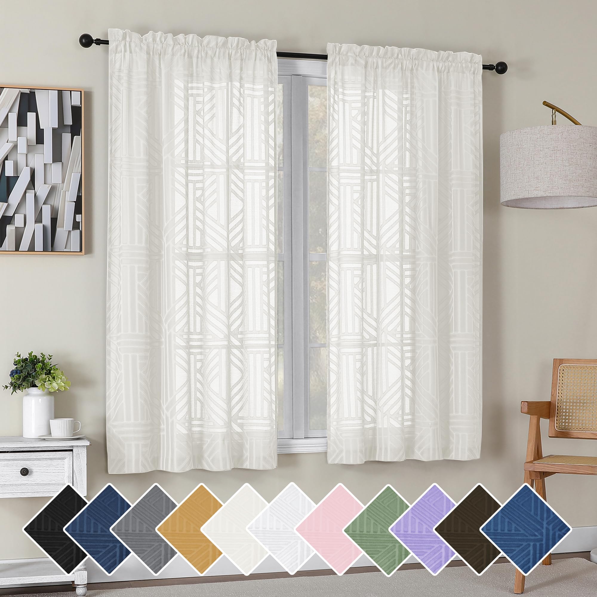 Photo 1 of Simplebrand Ivory Semi Sheer Curtains 63 Inch Length 2 Panels, Light Filtering Geometric Jacquard Clip Textured Short Sheer Curtains for Bedroom?Modern Elegant Window Curtains Drapes?42x63 inch