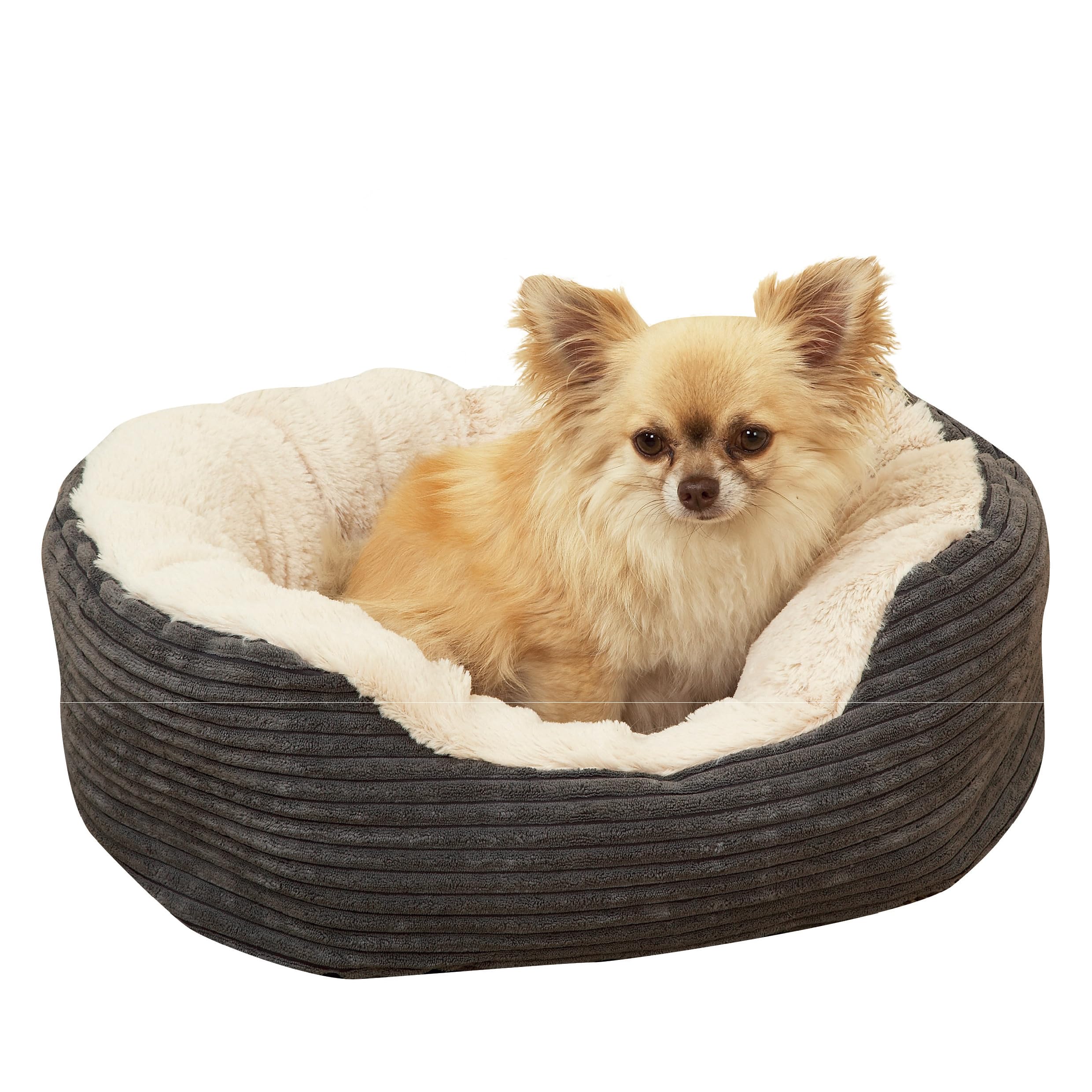 Rosewood Jumbo Cord Plush Dog Bed – Small, 51x45cm – Washable Oval Pet Bed Cushion for Dogs and Cats – Warm and Comfortable – Non-Slip Base, Soft Plush Material – Grey/Cream
