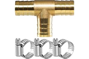 SCTIHWELIRE Brass Hose Barb, Tee Shaped 3 Way Hose Barb Fitting 3/4" Barb Splicer Mender with Stainless Steel Pipe Clamps air hose repair kit for Pipe line Fuel Air Oil (3/4 1Pcs)