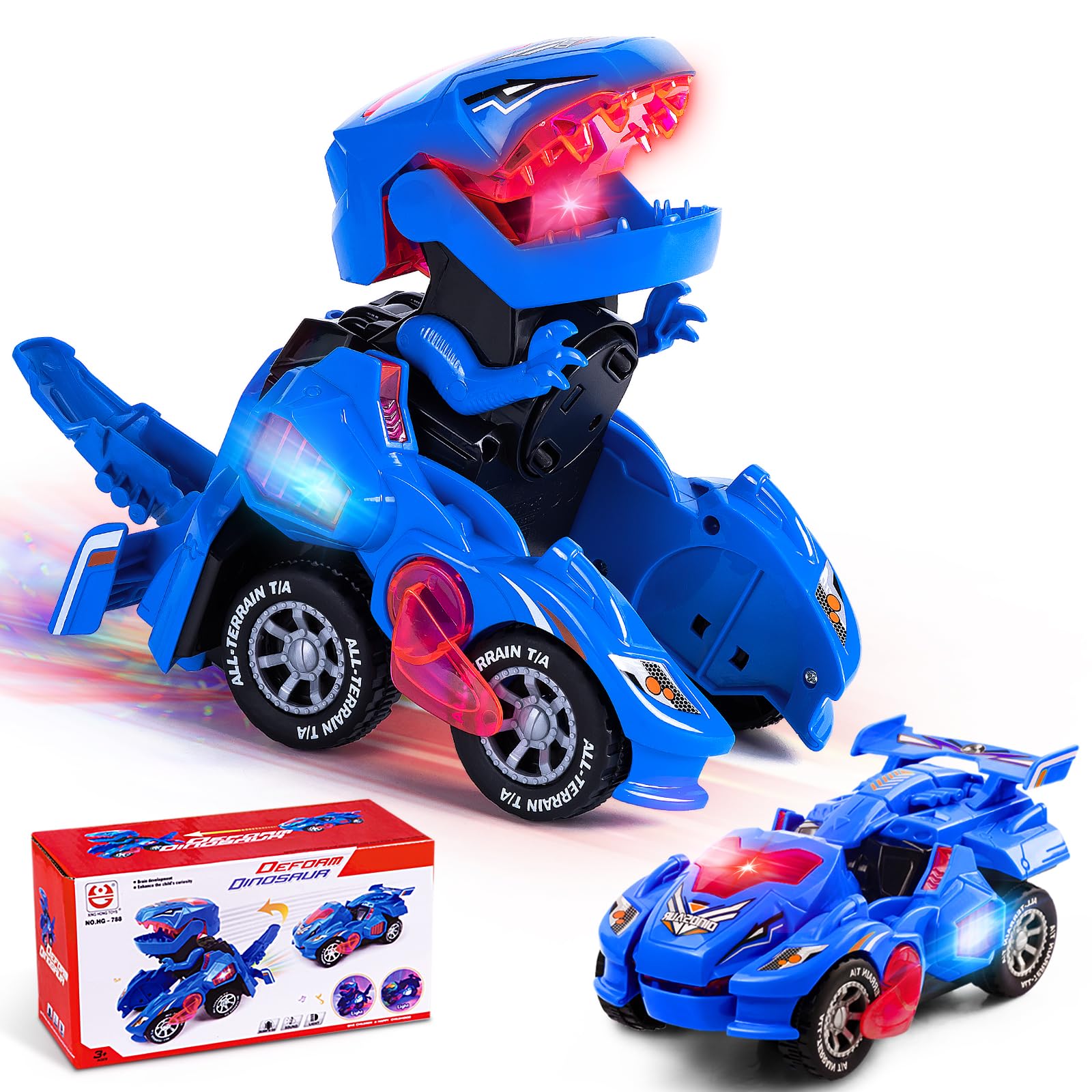 Yellcetoy Dinosaur Transforming Car, Dino Toys with Flashing Lights and Sound for Boys Girls Age 3-7 Automatic Electric Transform Cars Toy Birthday Xmas Gifts for Kids 3 4 5 6 7 Years Blue
