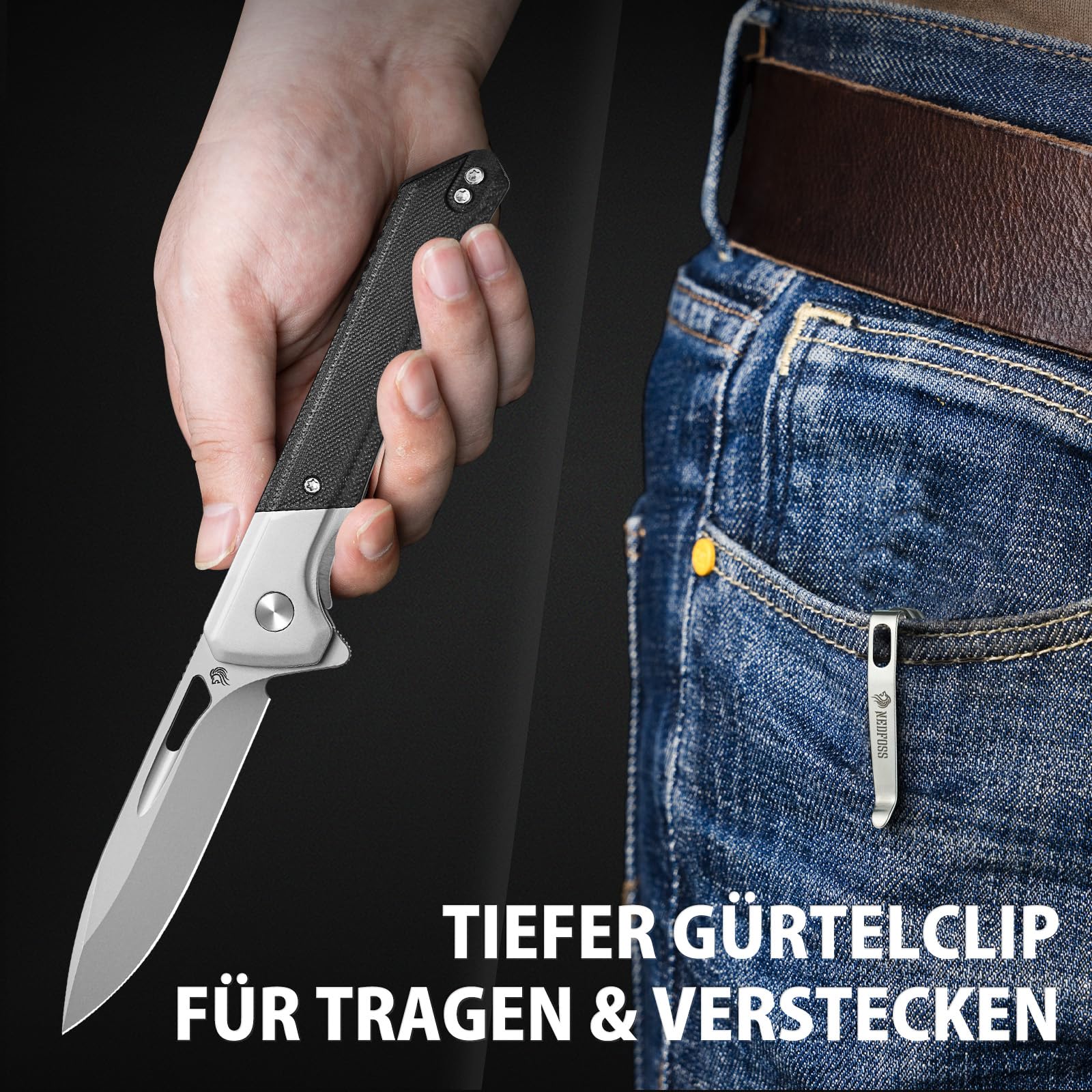 NedFoss ELF Klappmesser, Taschenmesser scharf, EDC Messer mit G10 Griff, Einhandmesser aus D2 Stahl,Outdoor messer mit Gürtelclip, Pocket Knife,Scharfes Survival messer Outdoor für Alltag und Outdoor 5