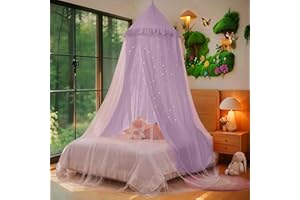 Eimilaly Princess Bed Canopy for Girls, Double Layer Canopy with Cutout Stars, Breathable Dream Canopy & Washable Purple Fabr