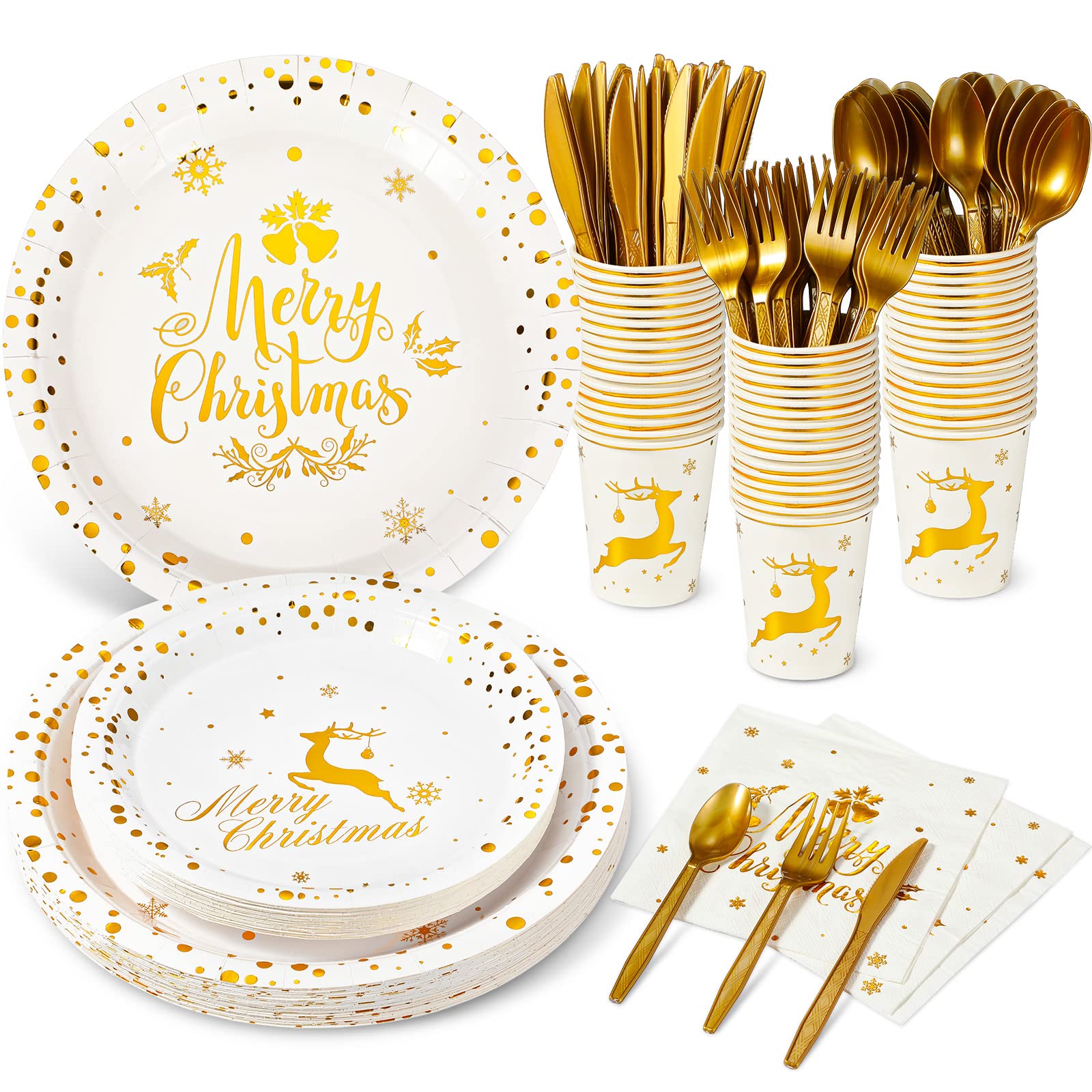 Photo 1 of 175 Pcs Merry Christmas Party Dinnerware Foil Dots Christmas Paper Plates Set Elk Disposable Xmas Plates Napkins Cups for New Year Wedding Birthday Baby Shower Party Supplies (White Gold)