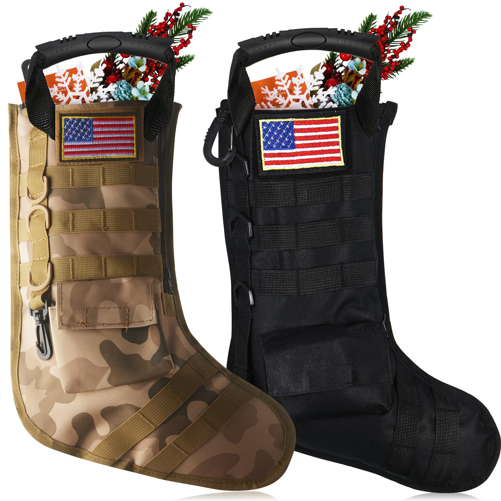 View 1 of ***MISSING ONE*** WILLBOND 2 Pcs Tactical Christmas Stockings Military Christmas Stocking Bags with American Flag Patches Xmas Stockings Molle Gear Pouch Hanging Christmas Ornaments Home Decors(Classic Style)
