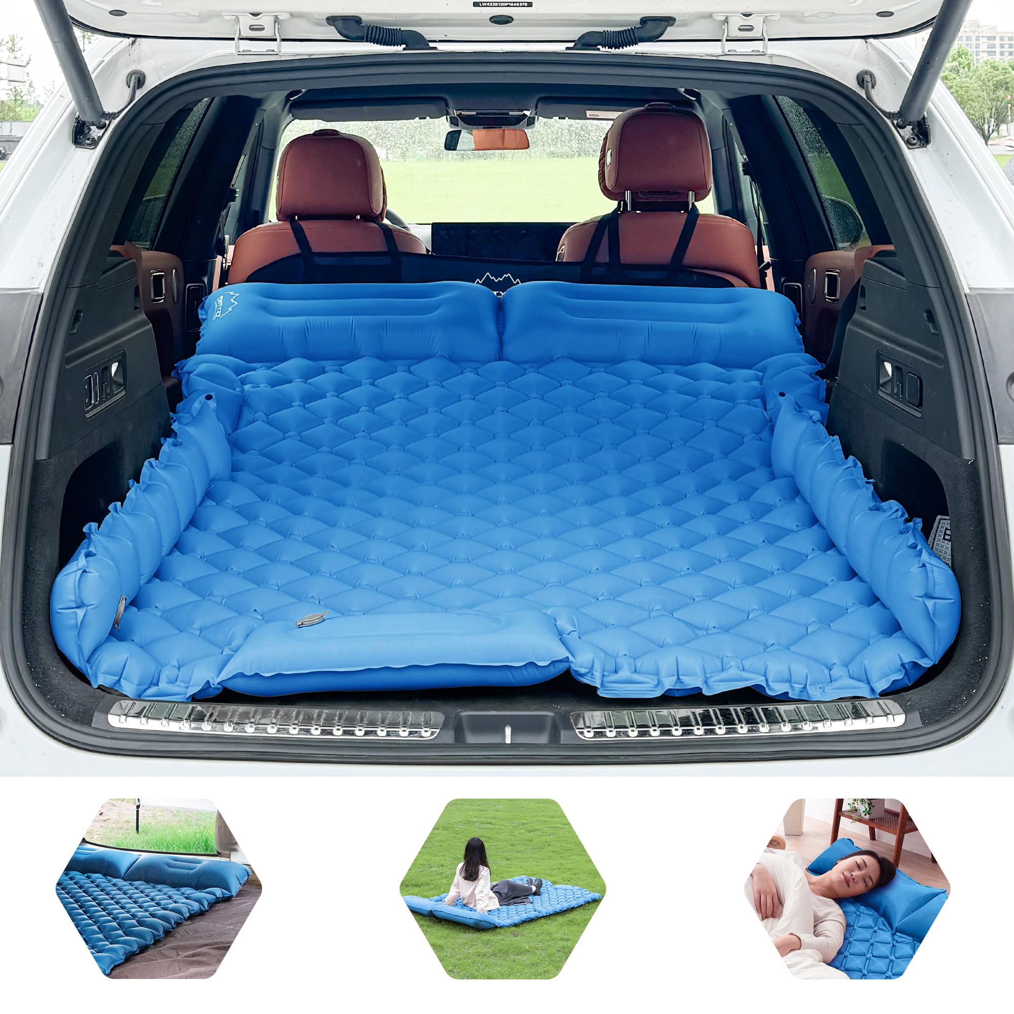 ONTYZZ Car Inflatable Bed Car Mattress SUV Air Mattress 2 Person Airbed for Travelling Camping Mat Self Inflating Sleeping Mats with Foot Pump & Cushion Inflatable Camping Bed 183 * 13 * 7CM
