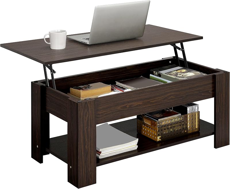Yaheetech Lift Up Coffee Table Espresso with Hidden Storage Drawer Open Shelf