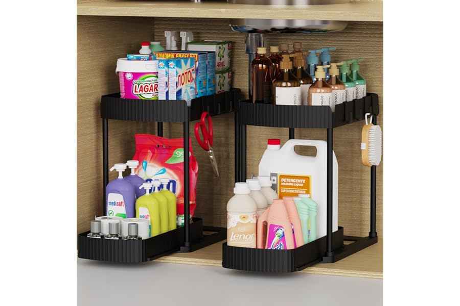 Ukeetap Multi-Purpose Pull-Out Storage Organizers, Under Sink/Cabinet Organizers and Storage for Bathroom & Kitchen, Black, 1 Book
