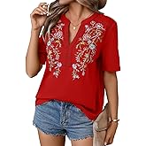 Mexican Shirts for Women Embroidered Tops Traditional Summer Blouse Floral Tunic V Neck Short Sleeve T Shirt