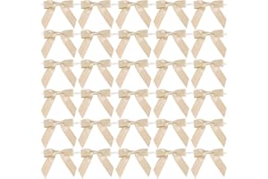 AIMUDI Small Champagne Christmas Bows 2.5" Premade Satin Ribbon Twist Tie Bows for Treat Bags Mini Bows for Christams Tree Ornaments Ribbon for Cake Pops Bows for Wedding Decor Gift Wrap- 50 Counts