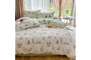 OTOB Green 100% Cotton Duvet Cover Queen Set, 3 Pieces Luxury Soft Bedding Set with Zipper Closure 4 Corner Ties Colorful Flower on The White Comforter Cover for Kids Baby Toddler Children Women