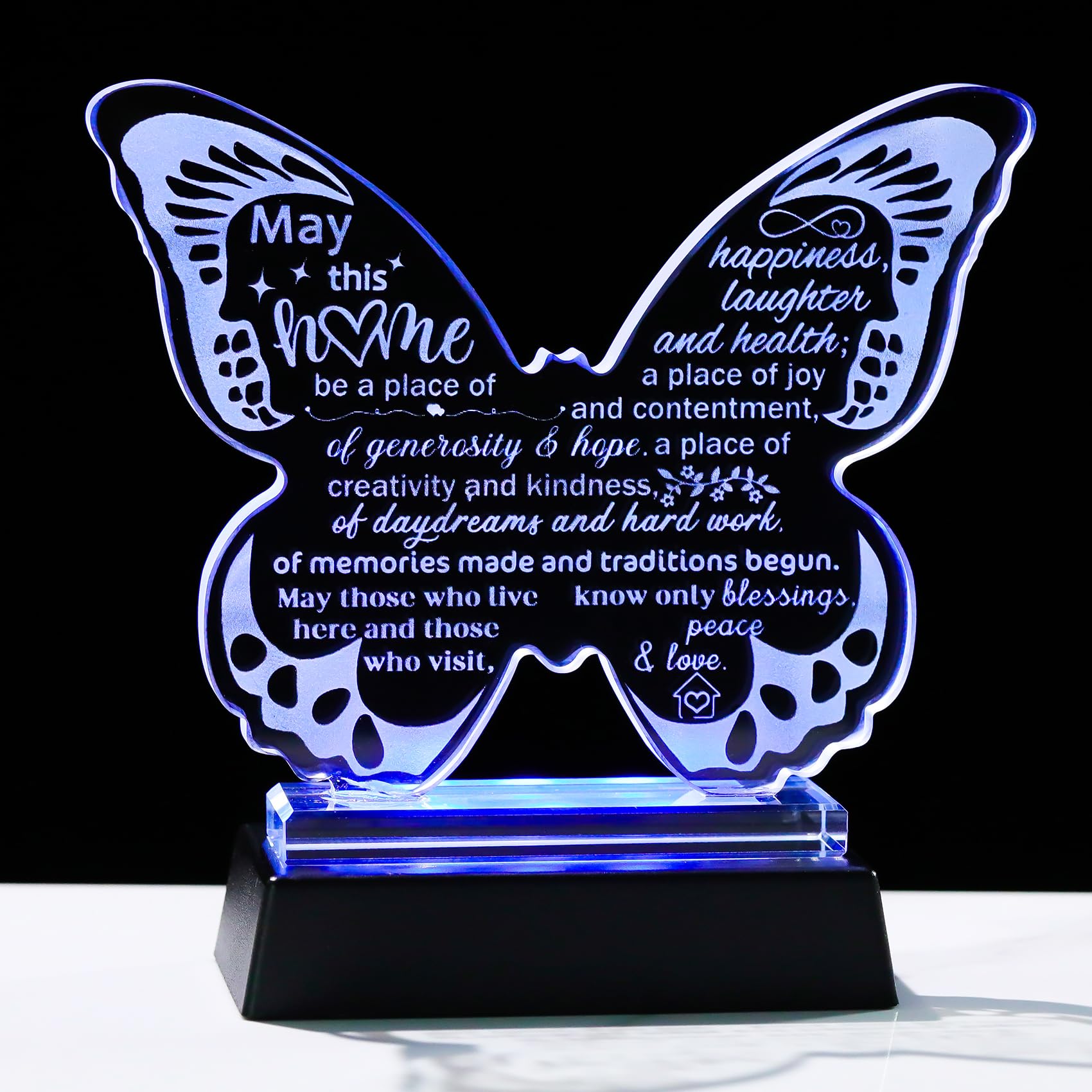 Crystal New Home Gifts Engraved Butterfly Statue Housewarming Gift for Friends with LED Light Base Glass Sweet House Warming Ideas Keepsakes for Couples